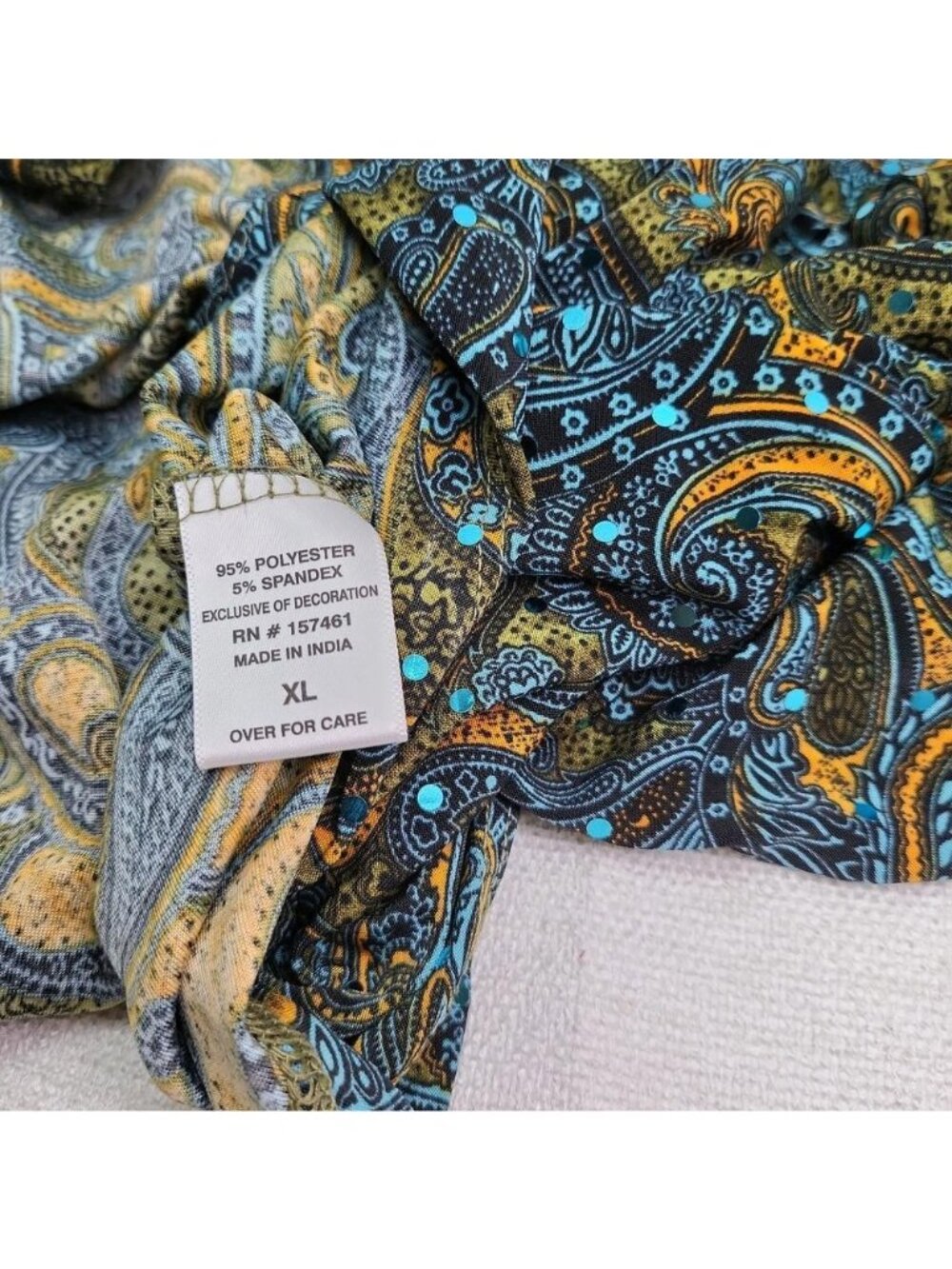 Cathy Womens XL Paisley Tunic Top Blue Teal Gold Boho Roll Tab Sleeve Blouse - Picture 7 of 8